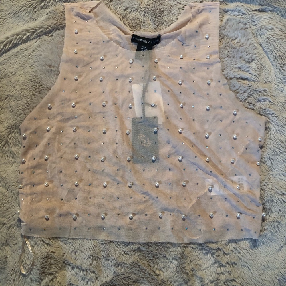 SINCERELY JULES Women SZ Medium Pink Sheer Embellished Crop Top